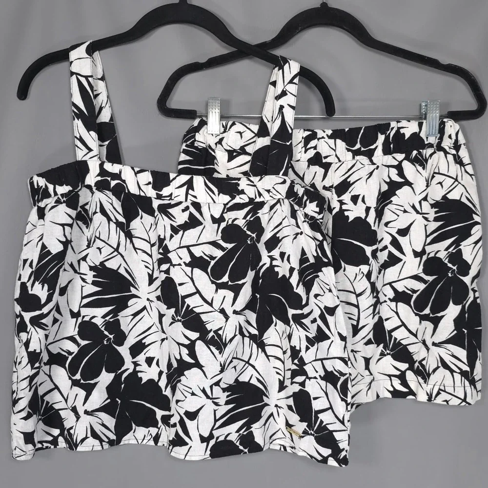 MICHAEL KORS Womens New Set Tank Top Shorts MEDIUM Black White Linen QS540TLHF0